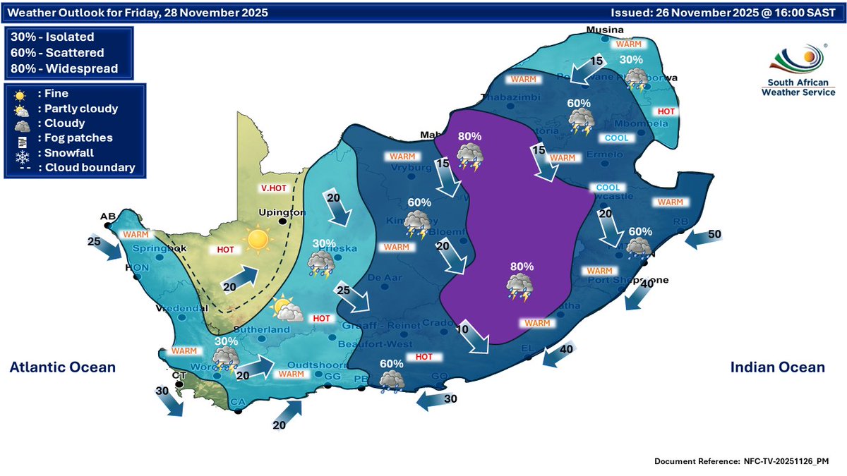 SAWeatherServic's tweet image. Extended weather forecast for 28-29 November:
Isolated to scattered showers and thundershowers over most parts of the country, but widespread over the central interior on Friday.
#SAWS #SAWeather #WeatherUpdate #weatheroutlook