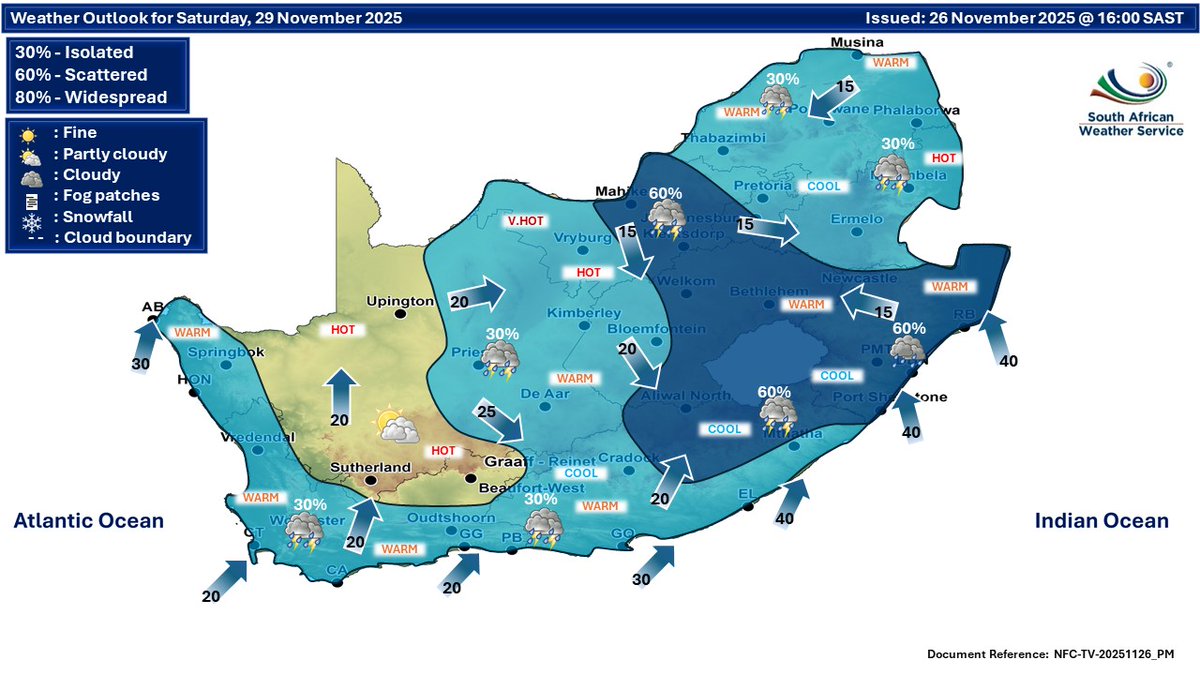SAWeatherServic's tweet image. Extended weather forecast for 28-29 November:
Isolated to scattered showers and thundershowers over most parts of the country, but widespread over the central interior on Friday.
#SAWS #SAWeather #WeatherUpdate #weatheroutlook