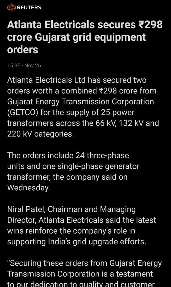 tejas485585's tweet image. 🔌 #AtlantaElectricals bags ₹298 Cr GETCO order for 25 transformers (24 three-phase + 1 generator) across 66–220 kV ⚡— powering Gujarat’s grid upgrade! 💪🇮🇳 #PoweringProgress #GridUpgrade #MakeInIndia #StockMarket