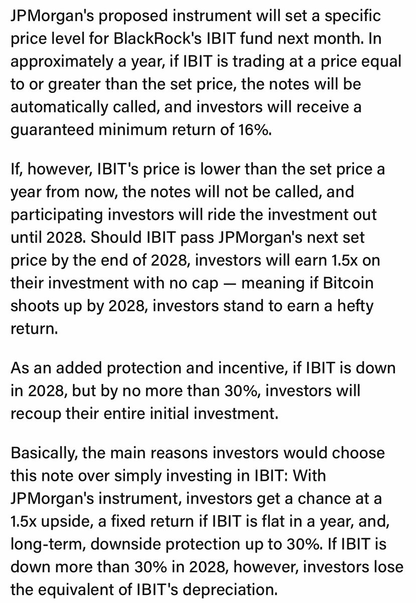 EricBalchunas's tweet image. JPMorgan is offering institutional clients a structured Bitcoin product using $IBIT that pays off big if Bitcoin takes off in 2028 w/ some downside protections and parameters baked in. Heres how it works via @TheBlock__