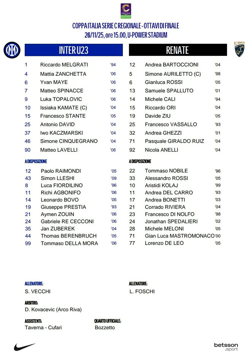 FabioAlampi's tweet image. #CoppaItaliaSerieC, ottavi di finale
Inter U23-Renate: #Inter, torna Topalovic dal 1&apos;. Kamate capitano e largo a destra, con Cinquegrano arretrato nel terzetto difensivo. In avanti la coppia Spinaccè-Lavelli, turno di riposo per gli over Prestia e Fiordilino. 

@fcin1908it