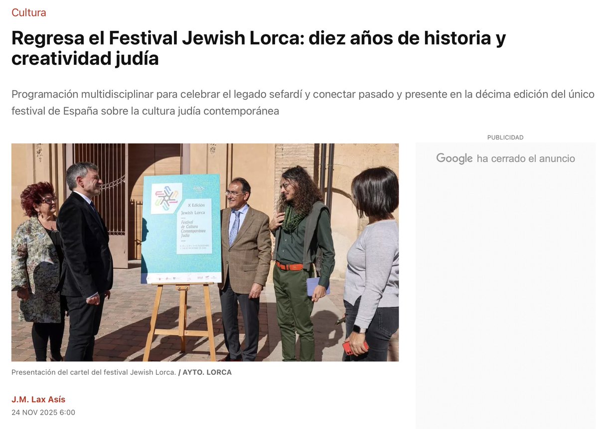Gracias 📷 a Ana Guardiola (y M. Lax Asís), del diario La Opinión, por difundir entre vuestros lectores la programación de nuestro Jewish Lorca X edición.

laopiniondemurcia.es/cultura/2025/1…

🏷 #JewishLorca #Lorca · #AnaGuardiola #LaOpinión