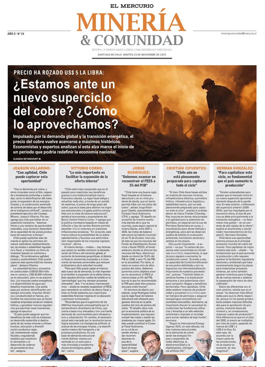 ClapesUC's tweet image. [NOTA @__elmercurio] Nuestro coordinador macroeconómico @hegonzalb afirmó que hay señales de un nuevo superciclo del #cobre tras la #pandemia, impulsado por la #TransiciónEnergética y una oferta rígida. Para aprovecharlo, Chile debe aumentar producción, agilizar permisos, atraer…