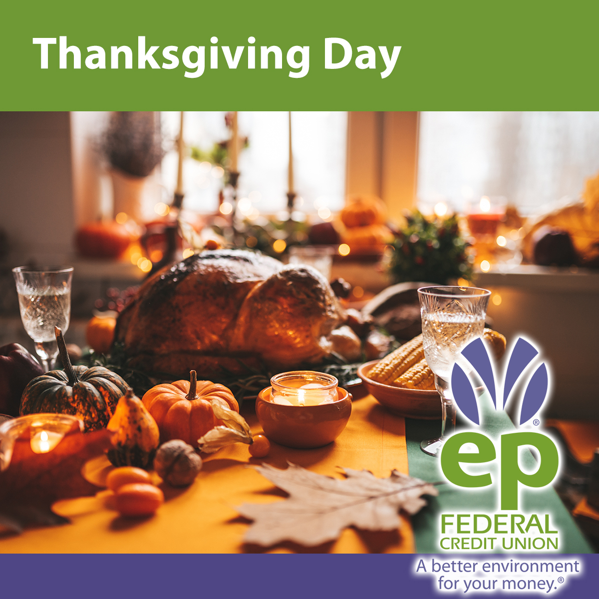 EPFCU's tweet photo. EPFCU branches will close today at 1:30 p.m. and be closed tomorrow in celebration of Thanksgiving. Wishing all of our members a safe and Happy Thanksgiving!
#HappyThanksgiving #Turkeyday https://t.co/bctH5P7C5x