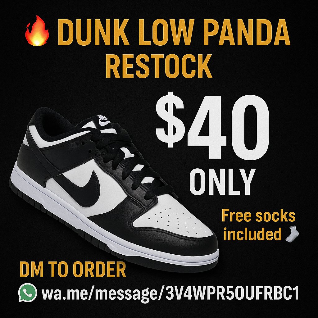 kicksunder50's tweet image. 🔥 Dunk Low Panda Restock  
$40 only  
Free socks included 🧦  

DM for sizes  
WhatsApp ready 👇  
wa.me/message/3V4WPR…  

#dunklow #pandadunks #cheapkicks #sneakerplug #kicksunder50 #sneakercommunity