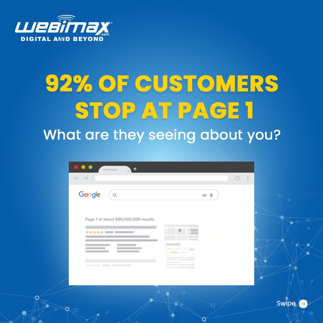 WebiMax's tweet image. What shows up about you on Page 1 can decide whether customers trust you, choose you, or move on to someone else. With 92% of searchers never scrolling past the first page, your online reputation isn’t optional; it’s mission-critical.

At WebiMax, we help you build, repair, and…