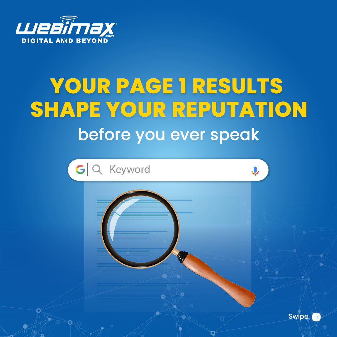 WebiMax's tweet image. What shows up about you on Page 1 can decide whether customers trust you, choose you, or move on to someone else. With 92% of searchers never scrolling past the first page, your online reputation isn’t optional; it’s mission-critical.

At WebiMax, we help you build, repair, and…
