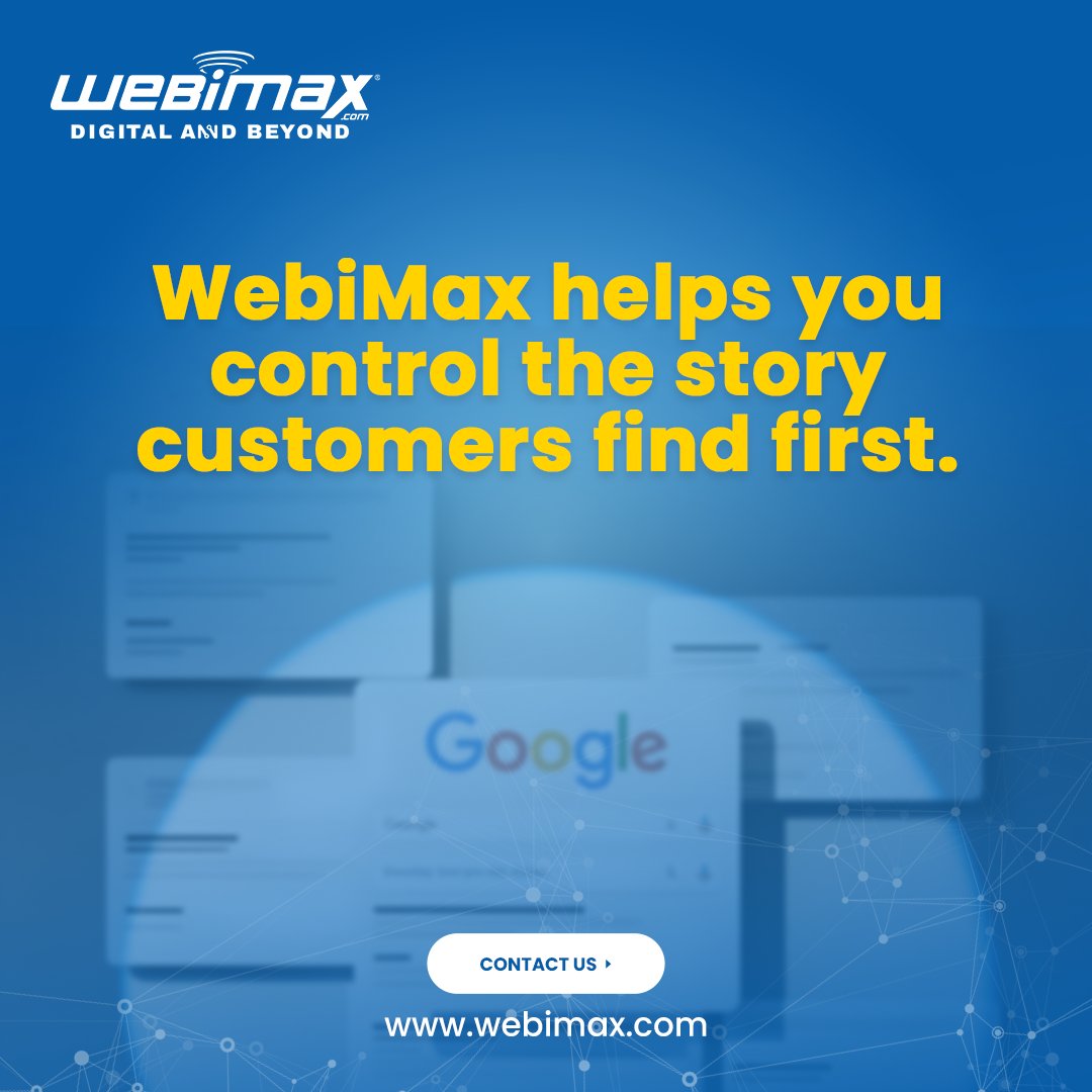 WebiMax's tweet image. What shows up about you on Page 1 can decide whether customers trust you, choose you, or move on to someone else. With 92% of searchers never scrolling past the first page, your online reputation isn’t optional; it’s mission-critical.

At WebiMax, we help you build, repair, and…
