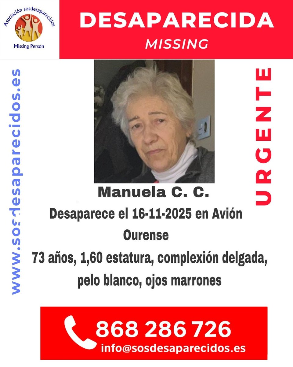 sosdesaparecido's tweet image. 🆘 DESAPARECIDA
#sosdesaparecidos #Desaparecido #Missing #España #Avión #Ourense
Fuente: sosdesaparecidos
Síguenos @sosdesaparecido