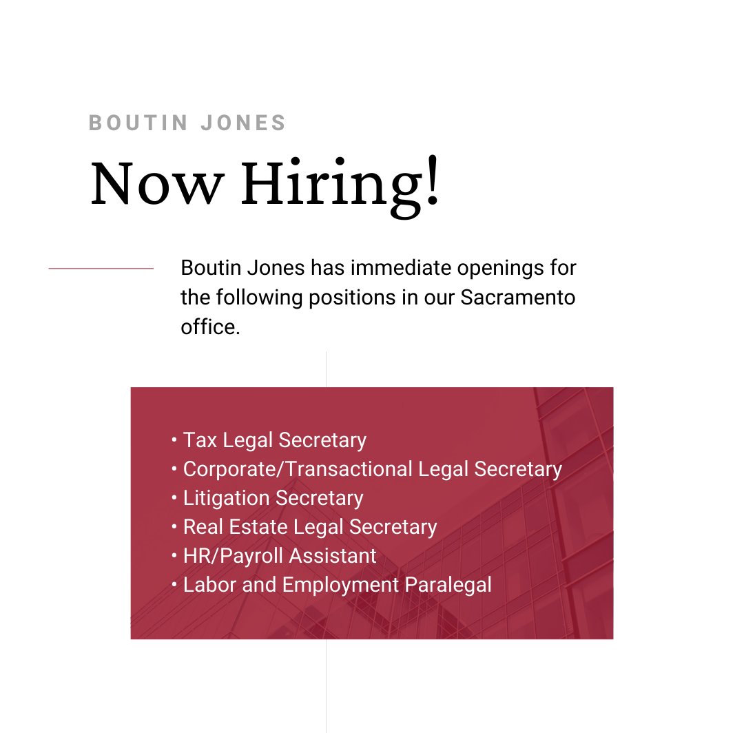 BoutinJones's tweet photo. Boutin Jones has an immediate opening for a Tax Legal Secretary in our Sacramento office. Candidates with strong legal secretary experience and exceptional attention to detail are encouraged to apply. 

Learn more: https://t.co/vH8FqMrbdA https://t.co/p8wOQS1bFL