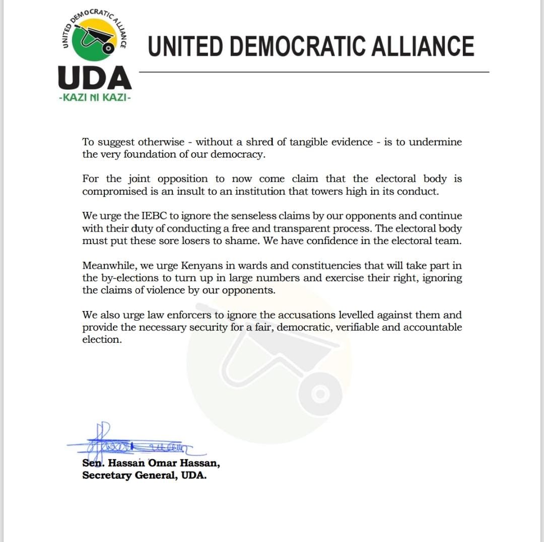 UDAKenya's tweet image. The United Democratic Alliance (UDA) Party expresses deep concern over the reckless and baseless allegations made by the opposition regarding the integrity of the Independent Electoral and Boundaries Commission (IEBC) ahead of tomorrow’s by-elections. Such unfounded attacks on an…