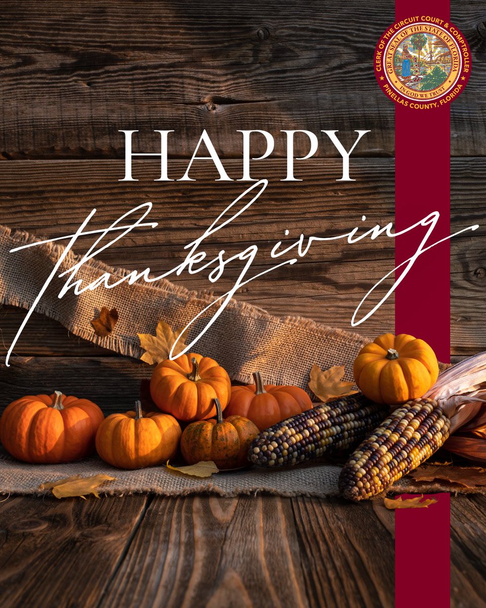𝗪𝗶𝘀𝗵𝗶𝗻𝗴 𝗬𝗼𝘂 𝗮 𝗛𝗮𝗽𝗽𝘆 𝗧𝗵𝗮𝗻𝗸𝘀𝗴𝗶𝘃𝗶𝗻𝗴
This Thanksgiving, we’re especially grateful for the opportunity to serve our community.
Please note that while our offices are closed, many of our services remain available online at mypinellasclerk.gov