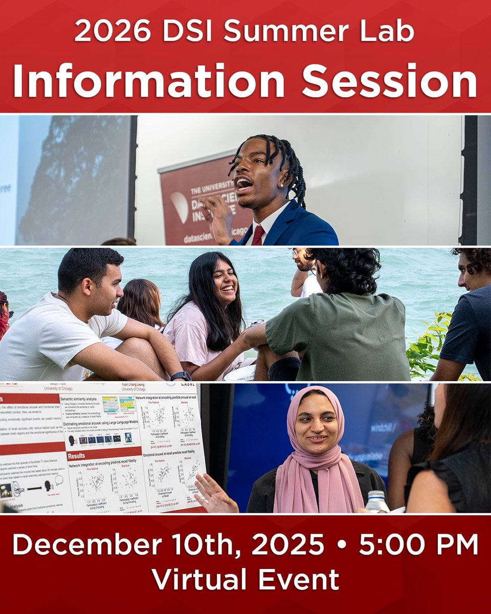DSI_UChicago's tweet image. Are you an undergraduate or Chicago-area high school student looking for summer research opportunities?

Join us on Wednesday, December 10th for a virtual information session to learn more about the DSI Summer Lab, an immersive 8-week paid summer research program!

🔗⬇️