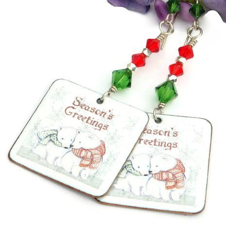 ShadowDogDesign's tweet image. Enameled &quot;Season&apos;s Greetings&quot; #PolarBear #Christmas #Earrings with Swarovski Crystals  via @ShadowDogDesign #bmecountdown #ChristmasGift #ChristmasEarrings      bit.ly/SeasonsGreetin…