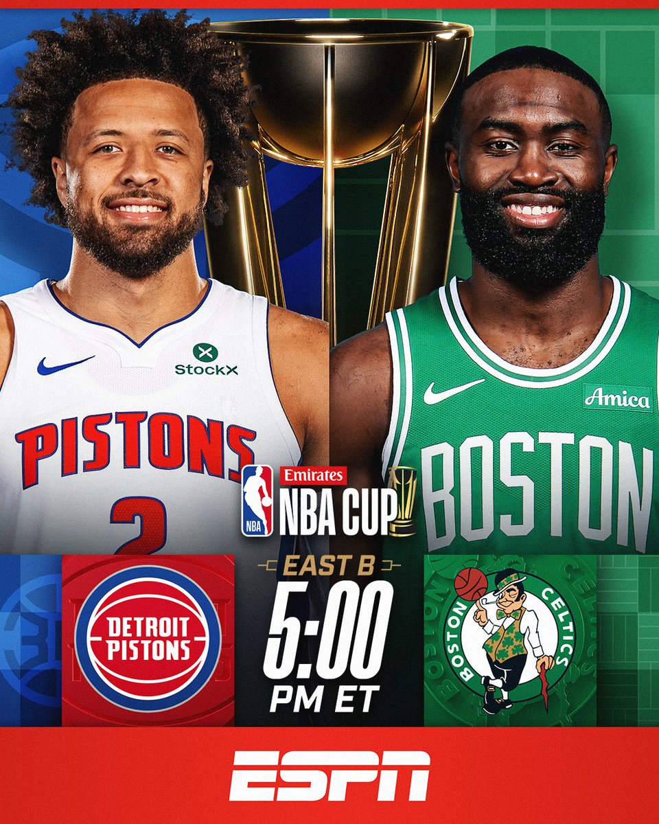 NBA's tweet image. Detroit&apos;s winning streak is on the brink of history! 🔥

Cade Cunningham (27.1 PPG, 6.0 RPG, 9.6 APG) and the Pistons aim for a franchise-record 14 straight Ws and a 3-0 Group Play record as they visit Jaylen Brown (27.9 PPG, 5.6 RPG, 4.3 APG) and the Celtics!

📺 5:00pm/et on…