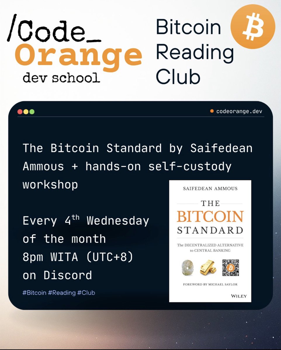 CodeOrangeDevs's tweet image. We covered chapter 3 and 4 of The Bitcoin Standard at our monthly Bitcoin Reading Club. The best part is that @realalexxie vibe coded a website that gives a good structure for our sessions. Join the next one!