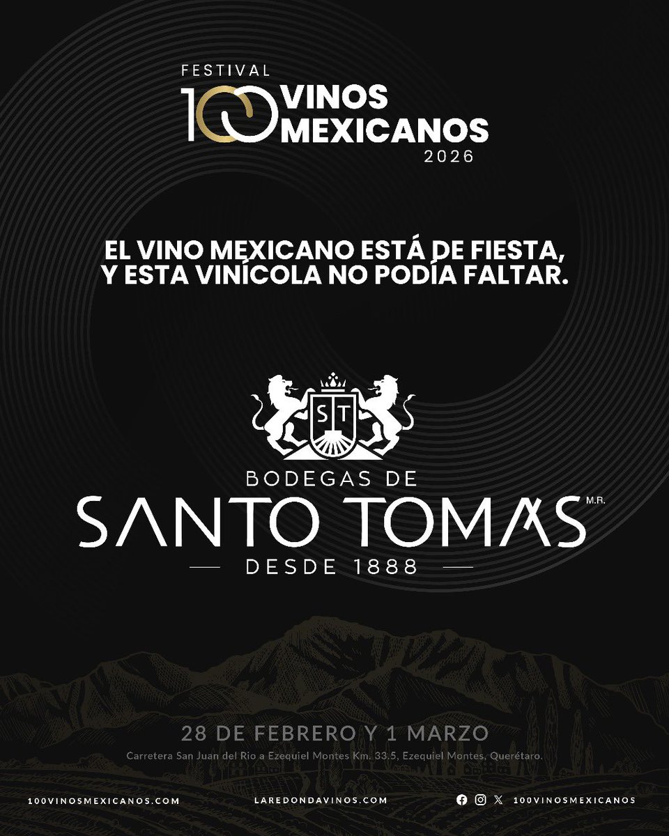 ¡Una leyenda se une a la celebración! 🍷
El vino mexicano está de fiesta, y con más de 130 años de historia, <a href="/SantoTomas_Mx/">Bodegas de Santo Tomás</a> no podía faltar.
Ven y brinda con la vinícola más antigua de Baja California. Descubre la calidad y la tradición embotellada en cada uno de sus vinos😍😘.