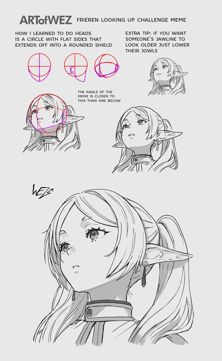 ArtofWez's tweet image. Sketch + tips on how I deal with head posing  for my illustration I upped earlier

Originally I was gonna just do this drawing, but friend was anticipating something funny, ended up turning her into an environment lol
#tutorial #frierenlookingup #drawing #frieren #anime #manga