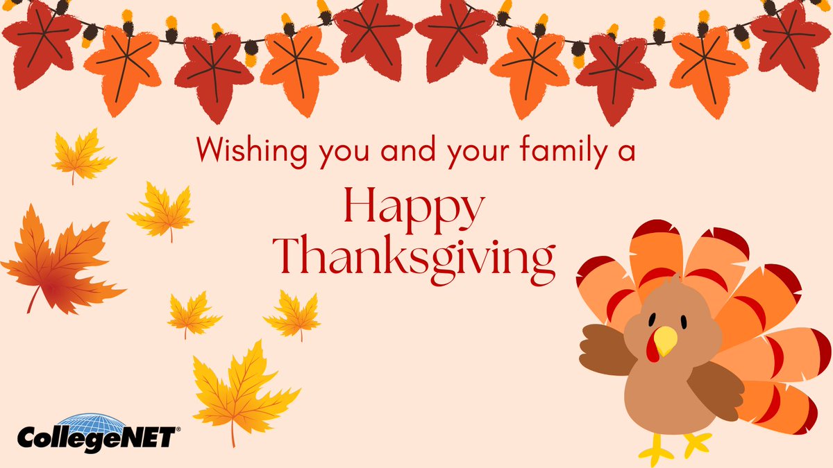CollegeNET's tweet image. This Thanksgiving, we&apos;re grateful for smooth schedules, fewer conflicts, and more time for what matters most — like pumpkin pie and quality time with family and friends!

Happy Thanksgiving from CollegeNET!

#HappyThanksgiving #CollegeNET #schedulingsoftware #highereducation