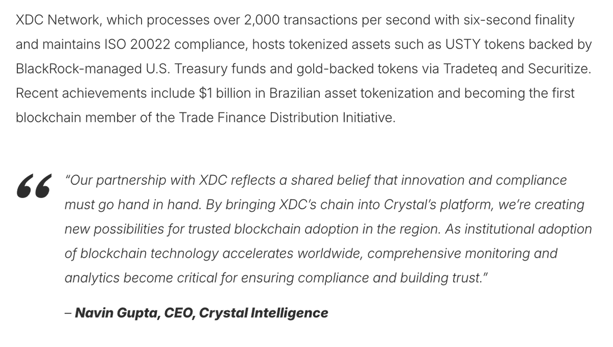 sammiller21099's tweet image. ⚙️ XDC Network + @CrystalPlatform 🤝
Advancing compliance and analytics for real-world blockchain use

🔎 Clearer visibility
💼 Better risk controls
📈 Data-driven adoption

📑: techafricanews.com/2025/11/26/cry…

#XDC #BlockchainAnalytics #Compliance #RWA #CryptoTools #Web3

@XDCNetwork