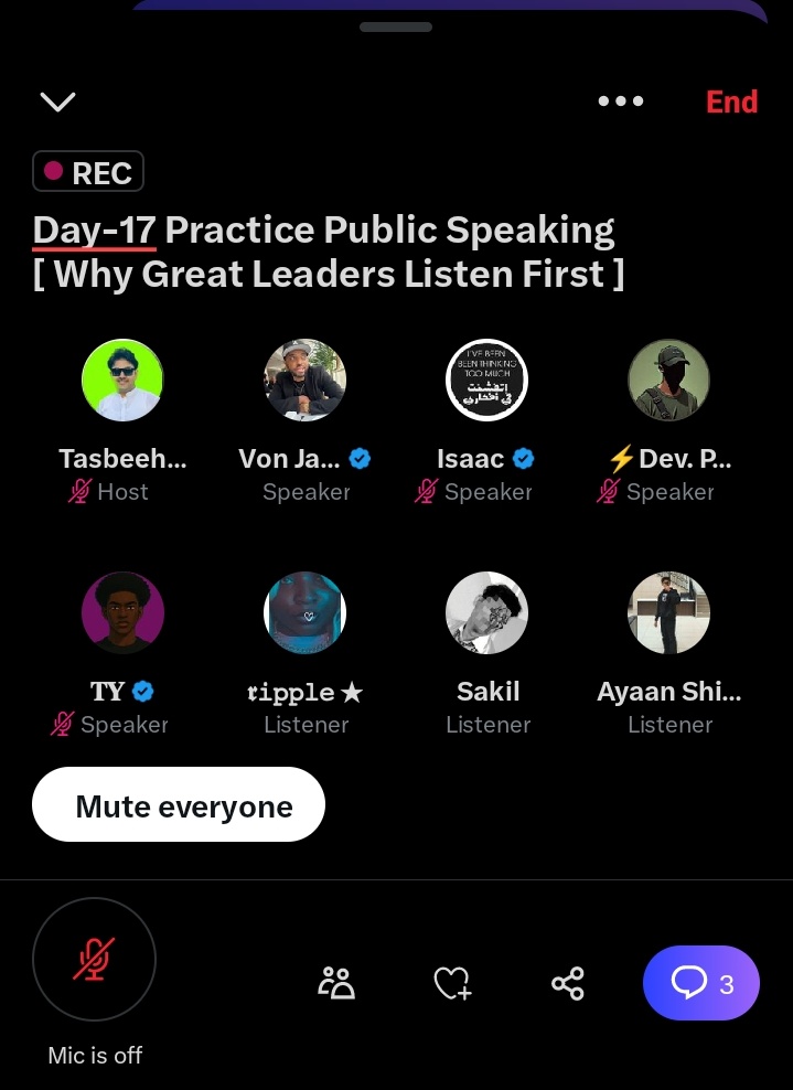✅ Done with (Day - 17)

Thank you to everyone Who joined today’s Practice Public Speaking space.

We talked about business development, sales, and stayed focused on our main topic...

Special thanks to
<a href="/VonfromJackson/">Von Jackson II</a>
<a href="/iiitzik/">Isaac</a>
<a href="/DevP_B/">⚡Dev. P⚡ 👨🏾‍💻</a> 
<a href="/ripplece0/">𝖗𝚒𝚙𝚙𝚕𝚎 ★</a> .... Yes 
+
All