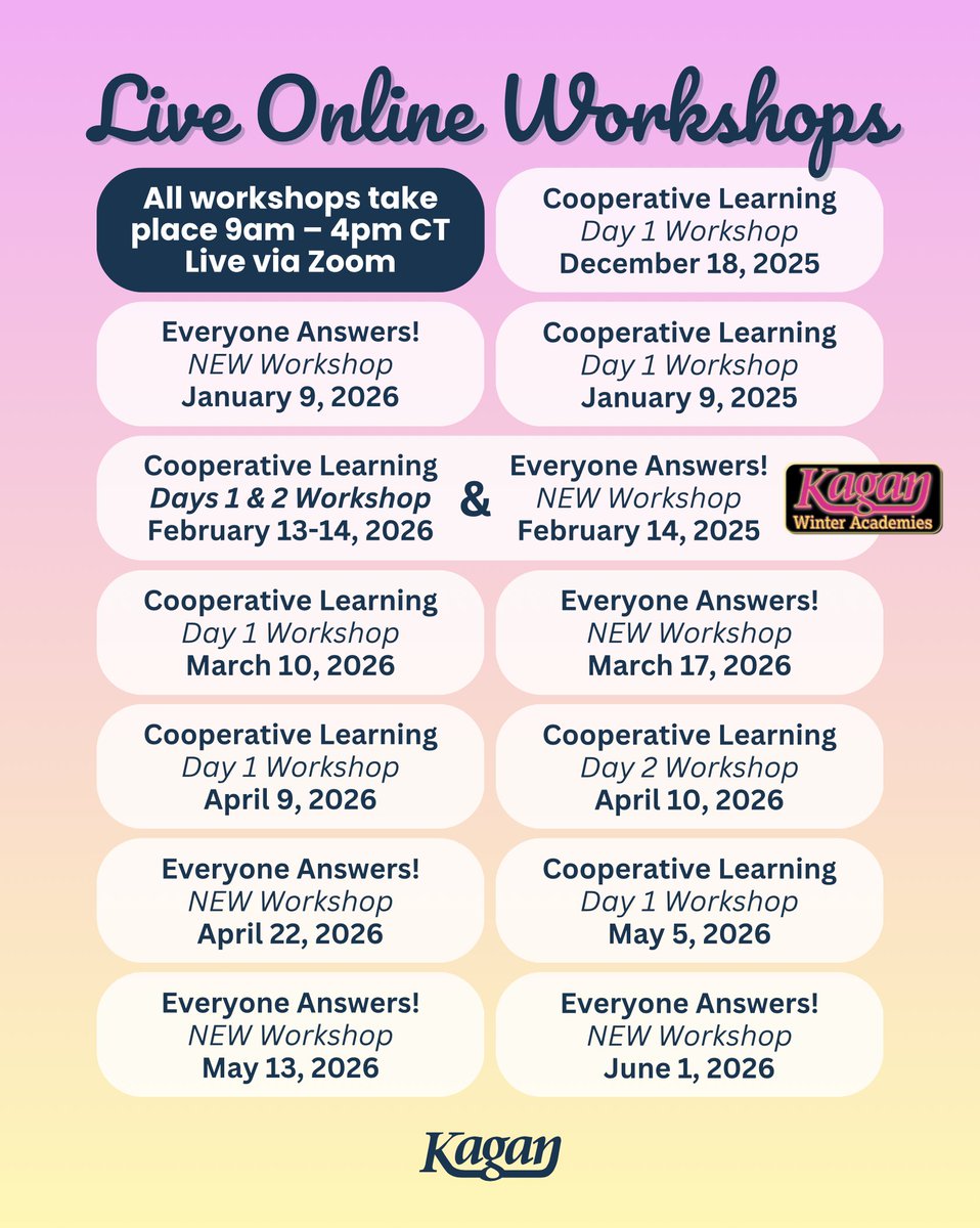KaganOnline's tweet photo. New dates just dropped ๐โจ
We just added a full lineup of 2026 Live Online Workshops! Pick which date works for you: https://t.co/rrouvPeO9J
#kagan #kaganstructures #onlinePD #cooperativelearning #webinar #teacherwebinar #teacherPD #studentengagement #professionaldevelopment https://t.co/1XK4L0VtZl