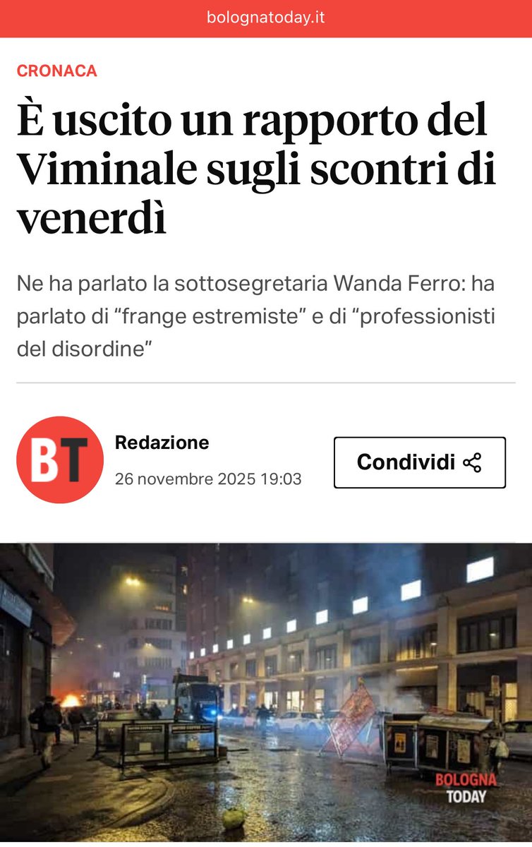 Nessun esponente della sinistra ha chiesto lo scioglimento di questi centri sociali e movimenti rossi?

➡️ Ah no, vero! Vengono coccolati con “legalizzazioni”, fondi pubblici e affitti a canone zero.

Il rapporto del Viminale sulla guerriglia di venerdì che ha devastato Bologna