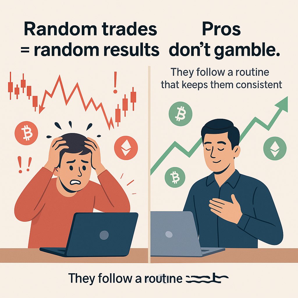 sachinweb3's tweet image. Random trades = random results.

Pros don’t gamble.

They follow a routine that keeps them consistent 👇🧠

Most beginners think trading is about finding the perfect chart.

But the truth?

Your routine matters more than your strategy.

Bad habits destroy good analysis.

Fix Your…