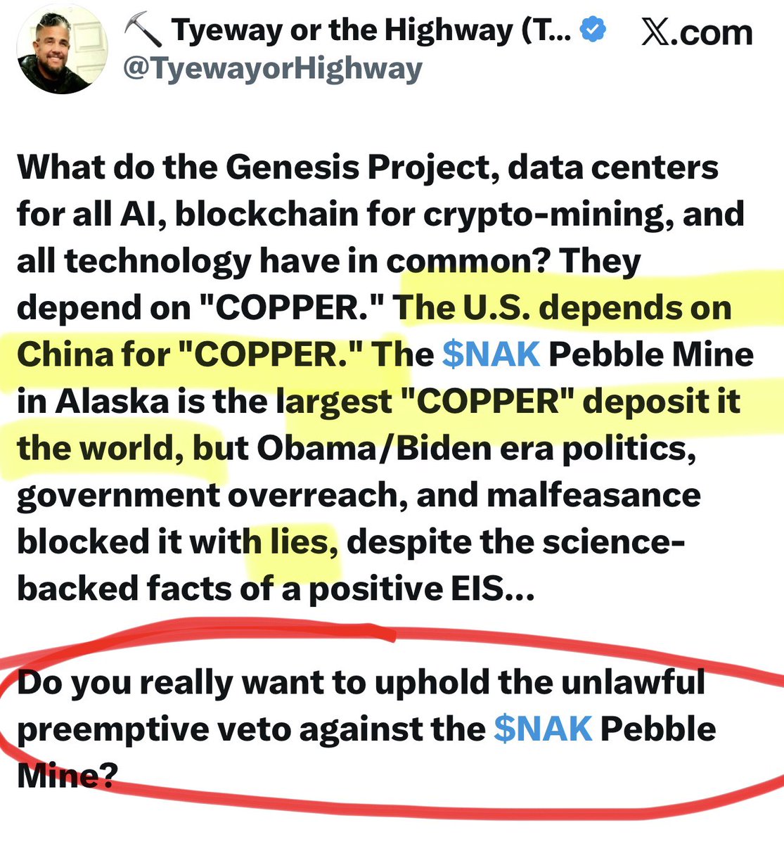SarahPalinUSA's tweet image. Simplest, most straightforward issue we face today: the only thing blocking #EnergyIndependence is POLITICAL WILL🇺🇸 #RareEarths $NAK #MineBabyMine (and don’t believe hype that we’ve achieved it, for until illegal, preemptive veto of world’s largest mineral find #PebbleMine is…