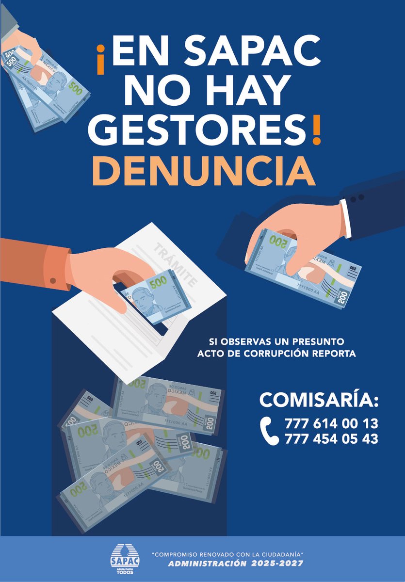 SapacCuernavaca's tweet image. ✋🛑Si observas un presunto acto de corrupción ¡Reporta‼
Comisaría del #SAPAC: 📞7776140013 📞7774540543

💦🚧 Administración 2025-2027, compromiso renovado con la ciudadanía #Cuernavaca