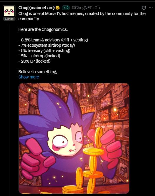 art_of_research's tweet photo. .@ChogNFT  the only cabal meme on Monad, if this doesn’t pump, nothing on this chain ever will🚀

Airdrop hitting today (7%), so chart might get a tasty dip on the back of it😋

Trying to load slowly, but the official site keeps choking txs ’cause the route goes through some cursed DEX paths.

CA: 0x350035555E10d9AfAF1566AaebfCeD5BA6C27777