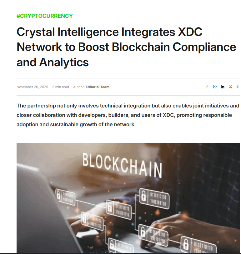 🚀 Another major validation for real-world blockchain utility!

Crystal Intelligence now supports the <a href="/XDCNetwork/">XDC Network</a> , enhancing institutional confidence — critical for scalable tokenized finance. ✅

Read here 👇
 techafricanews.com/2025/11/26/cry…

#XDC #Compliance #RWA #WeAreXDC $XDC #BTC