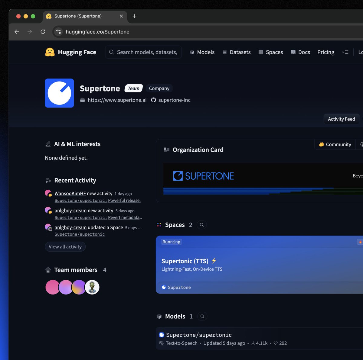 victormustar's tweet image. I’m convinced that Hugging Face is the best place to launch an AI company today. 

Just look at how fast Supertone became visible on the map (and so did many others).