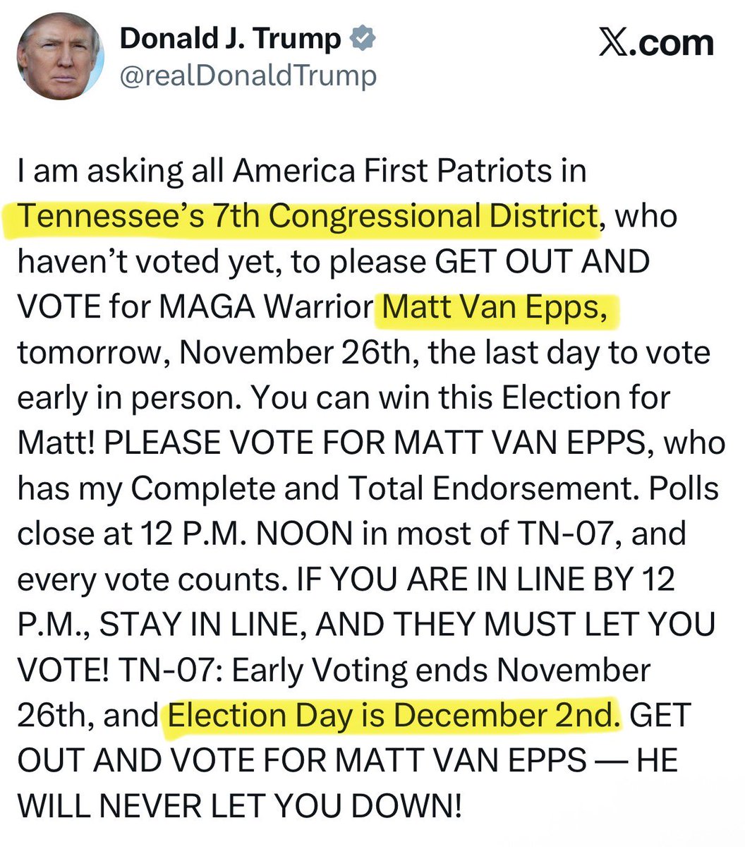 ScottPresler's tweet image. 🚨SPECIAL ELECTION ALERT🚨

Tennessee, get out &amp;amp; vote for Republican Matt Van Epps on 

🗓️Tuesday, December 2nd, 2025. 

If you want to keep the House, then get everyone you know out to vote. 

This will be a very low turnout election.

📍Tennessee