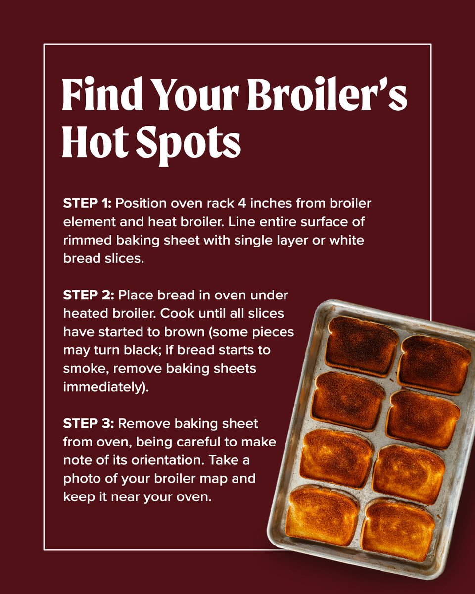 TestKitchen's tweet image. Before the big day, test your broiler like we do. This simple trick helps you spot uneven heat before your rolls—or pie topping—end up scorched.
From our kitchen to yours, here’s how to make sure your broiler’s hot spots don’t ruin your Thanksgiving feast.