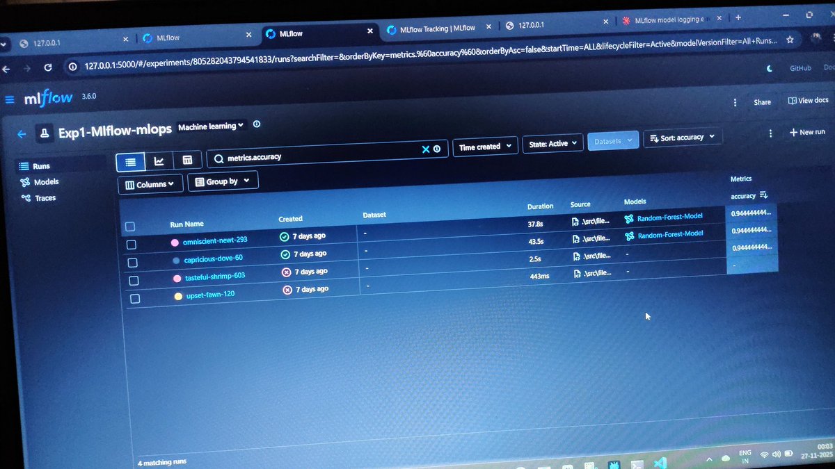 uniabhi56's tweet photo. Day 35/150 #MLOpsLearning 📊

MLflow Revision - Hands-On Practice:
✅ Tracked experiments with tunable hyperparameters
✅ Compared multiple model performances
✅ Visualized results in unified UI
✅ Managed end-to-end ML workflows
Experiment tracking made simple! 🚀

 #Python https://t.co/WYB5QBi3eI