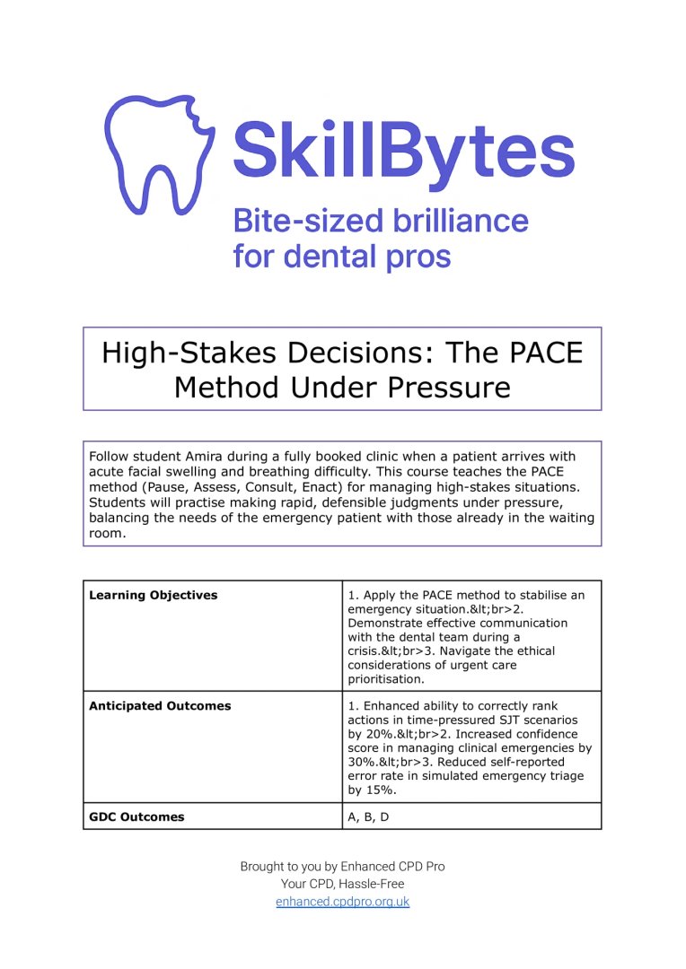 EnhancedCPDPro's tweet image. Enhanced CPD SkillBytes: High-Stakes Decisions: The PACE Method Under Pressure | Claim your certificate by passing the test at skillbytes.cpdpro.org.uk/LxODgkWhQy6rLC…