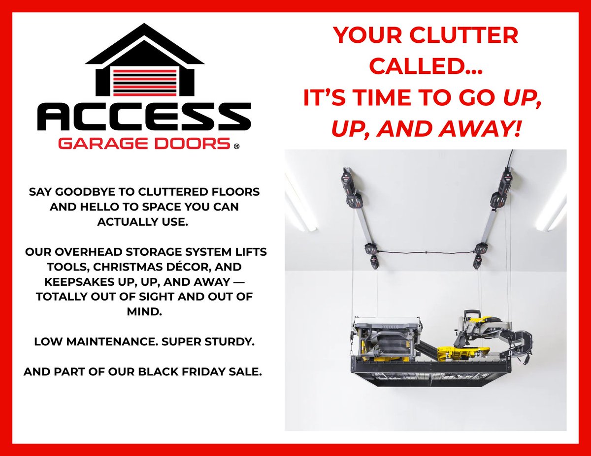 AccessDoorComp's tweet image. Your garage is about to get a whole lot BIGGER! 

#GarageStorage #OverheadStorage #DeclutterYourLife #HomeOrganization #GarageMakeover #StorageSolutions #AccessGarageDoors #BlackFridaySale #SeasonalStorage #HomeImprovement