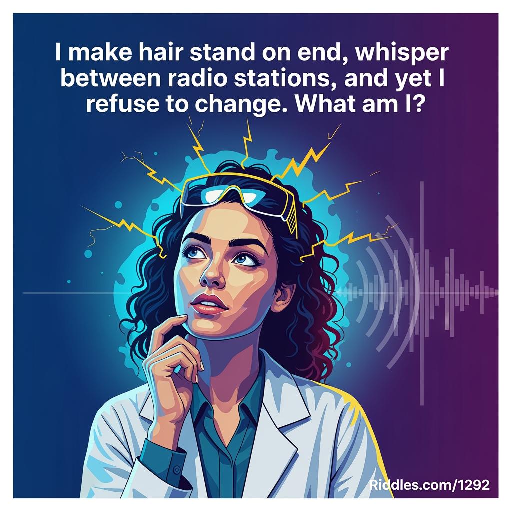 best_riddles's tweet image. Riddle: I make hair stand on end, whisper between radio stations, and yet I refuse to change. What am I?  

#riddles
#riddlesforkids
