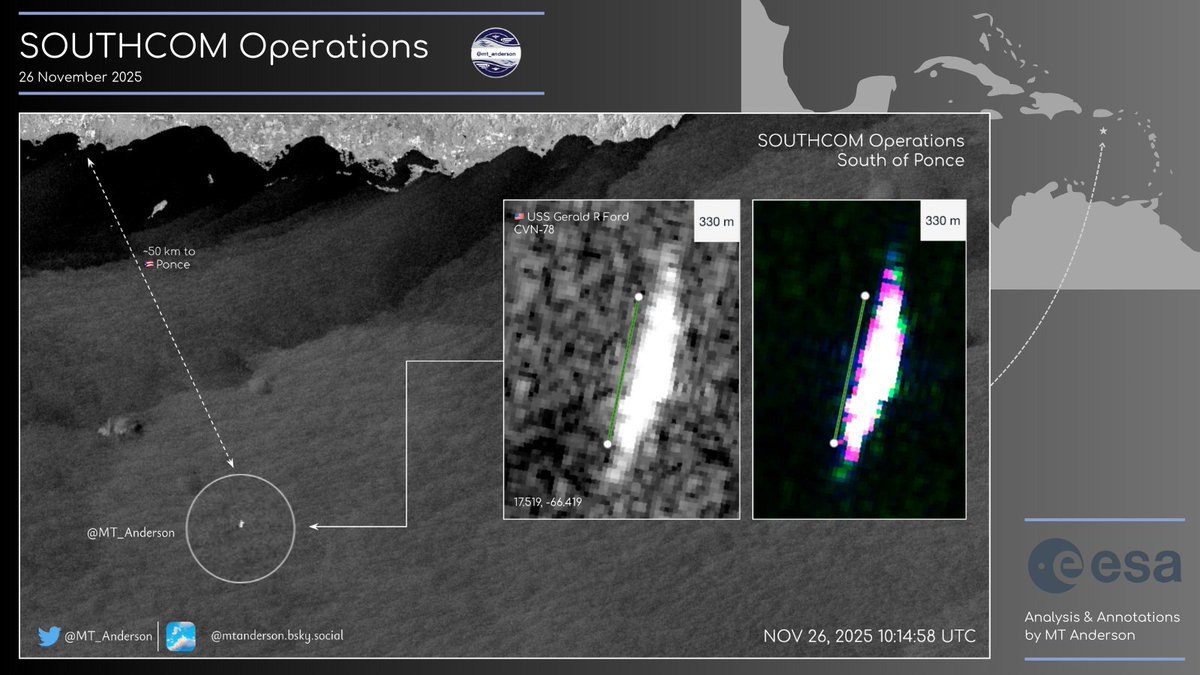 🚨INFORMACIÓN🚨

🔎🇺🇸 Grupo de ataque de portaaviones 12

Posible ubicación del CVN-78 (USS Gerald R Ford), a unos 50 km al sur de Ponce el 26 de noviembre de 2025 (06 :15 hora local)

¿Por qué es potencial? La imagen proviene del Sentinel 1 SAR (radar de apertura sintética), que