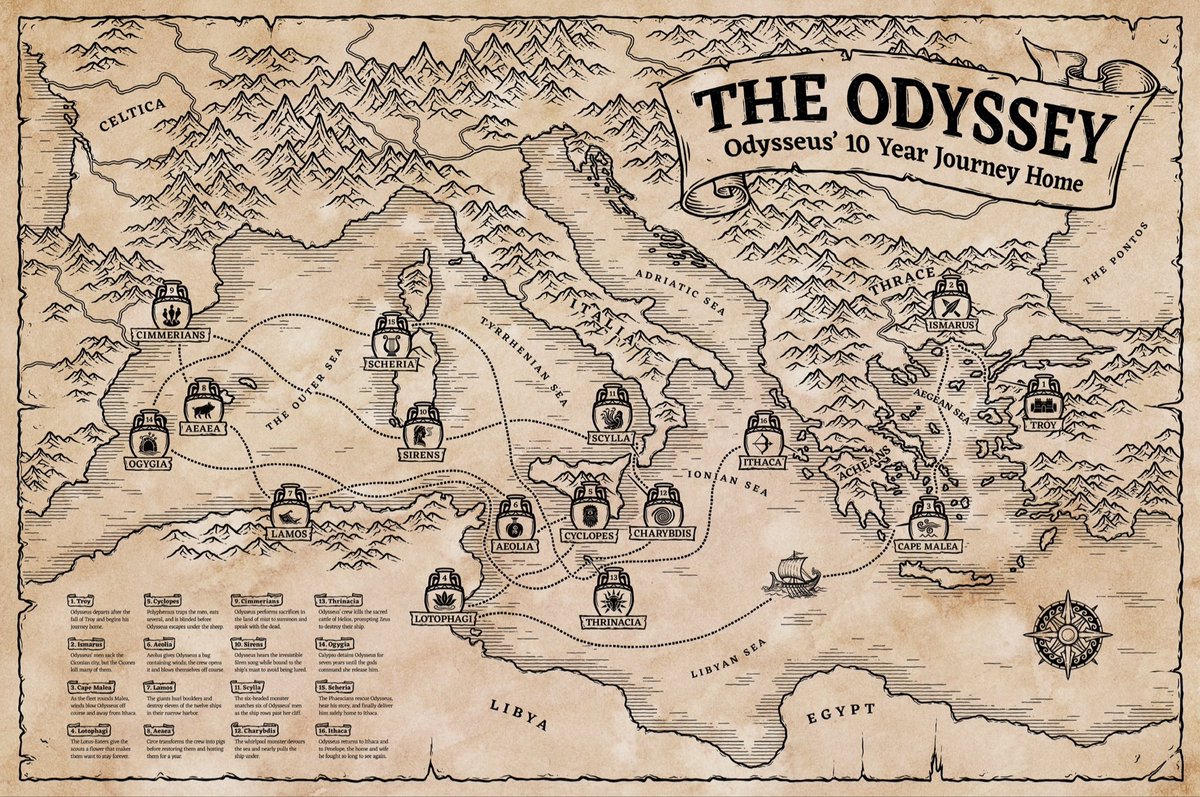 MapEffects's tweet image. The Odyssey map is done! And yes, prints are coming!

As I said with the Beowulf map I shared the other week, I’m actively looking into higher quality papers that will give it the authentic aged look I want. When I get samples I’ll share them with you for feedback!
