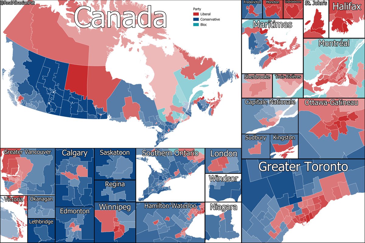 Latest Kolosowski poll modelled out

🔵CON: 169 seats (+25)
🔴LIB: 150 seats (-19)
⚜️BQ: 24 seats (+2)
🟠NDP: 0 seats (-7)
🟢GRN: 0 seats (-1)

🔵Conservative Minority Government

(+/- change from 2025 election)

Feel free to ask for any ridings
