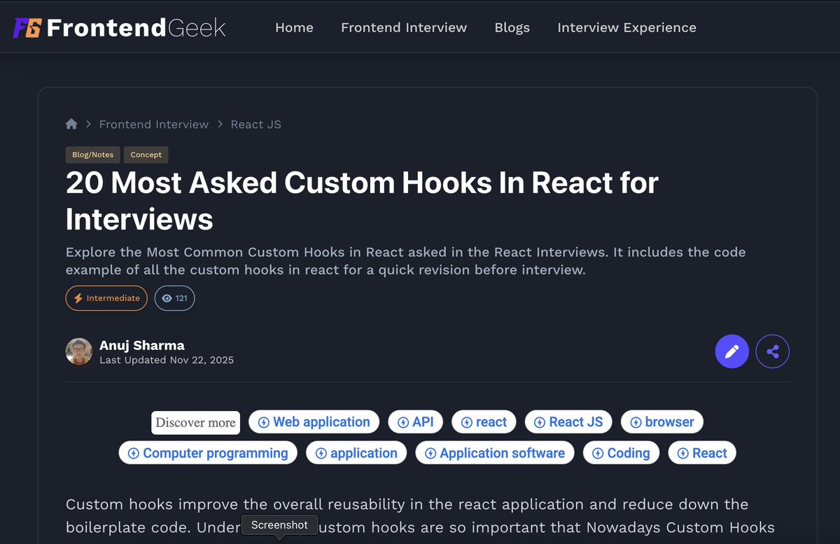 anujsharma_geek's tweet image. Day 3️⃣ of scaling FrontendGeek.com to $1k Ads Revenue | Till today - $3.20  

Progress - Added New Blog  &quot;20 Most Asked Custom Hooks in React For Interviews&quot;

#buildinpublic #frontend #frontenddevelopers #tech