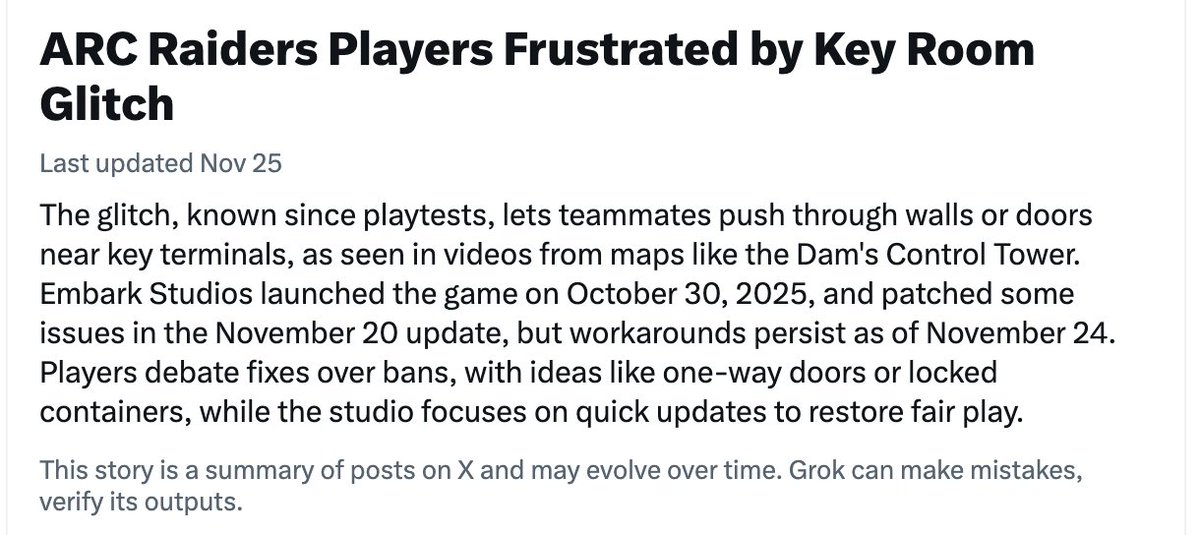 ArchieStonehill's tweet photo. IDK who's "frustrated..." this glitch creates awesome gameplay that the devs should recreate. 

The exploit requires cooperation so it incentivizes collaboration between random players in solos. OFC fix it, but @EmbarkStudios should take the note to introduce more teamwork too. https://t.co/YTmEj8Fp74