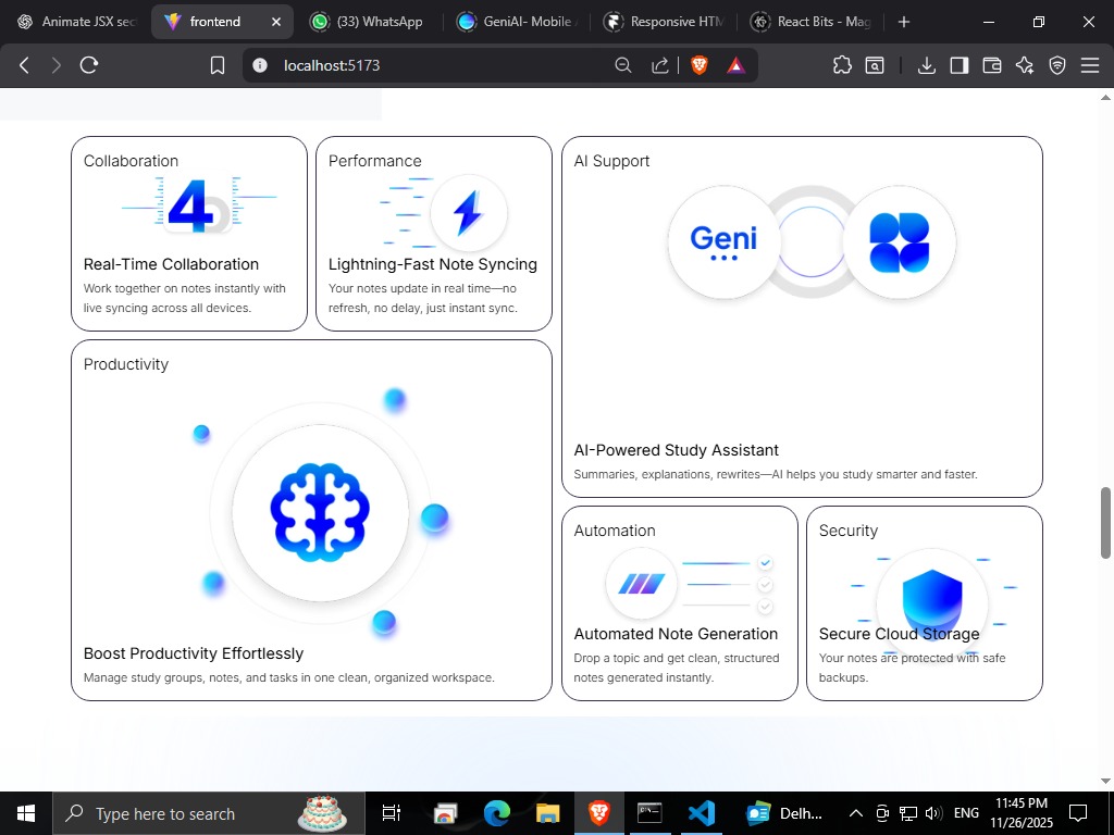 PremMaurya723's tweet image. Dropped some fresh UI for StudySync! Built out the footer and a sleek feature grid—real-time collab, AI support, automation, cloud security &amp;amp; more. Loving how it’s coming together! ⚡️✨ #BuildInPublic #WebDev #StudySync