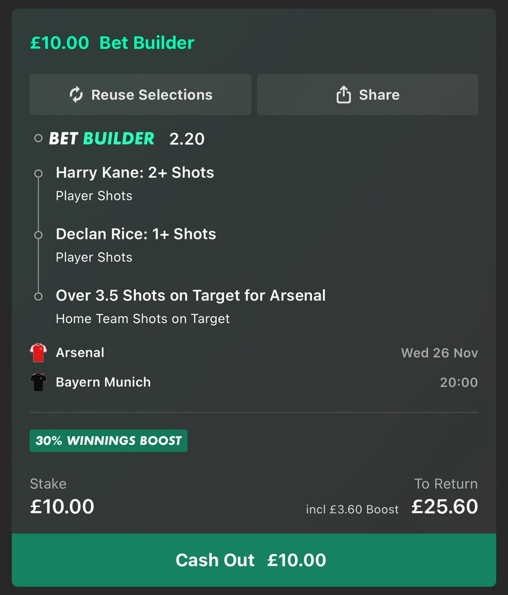 BarneyBets's tweet image. 🏆 Champions League Bet Builder 

💸 Here’s my bet builder for Arsenal vs Bayern Munich

- Declan Rice 1+ shots
- Harry Kane 2+ shots
- Arsenal 4+ shots on target

📈 £10 returns £25.60!

Like ❤️ and retweet ♻️ if you’re onboard!