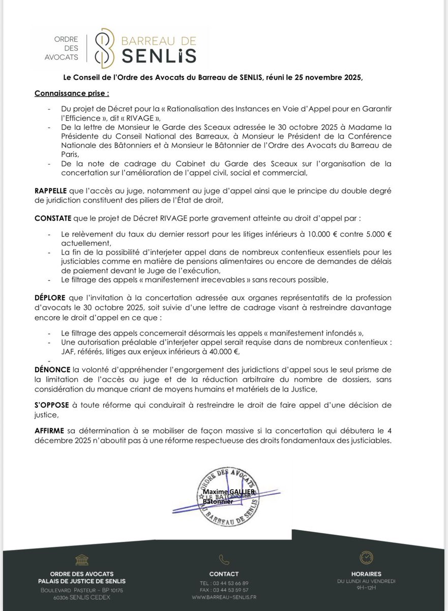 Motion du Barreau de Senlis contre le décret Rivage: le droit d’appel c’est l’Etat de droit- limiter l’accès au juge c’est l’attaquer!

Mobilisation le 4 Décembre 2025!

<a href="/Conf_Batonniers/">ConférenceBâtonniers</a> <a href="/COBHAF/">Conférence Des Bâtonniers Des Hauts De France</a> <a href="/CNBarreaux/">Conseil national des barreaux - les avocats</a> <a href="/GDarmanin/">Gérald DARMANIN</a> <a href="/justice_gouv/">Ministère de la Justice</a> <a href="/AvocatCompiegne/">Barreau de Compiègne</a>