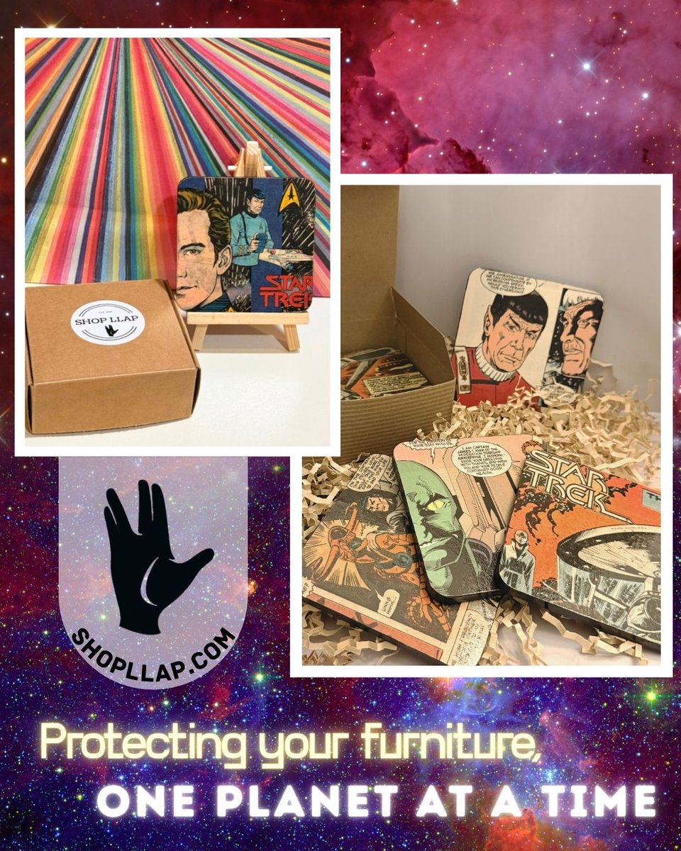 Calling all Trekkies! We’ve just added more #handmade coasters to our shop, and they’re ready to boldly go into your holiday gift-giving! Each one is lovingly crafted from vintage #StarTrek comic books, making them not just functional but also a unique piece of art! #LLAP 🖖