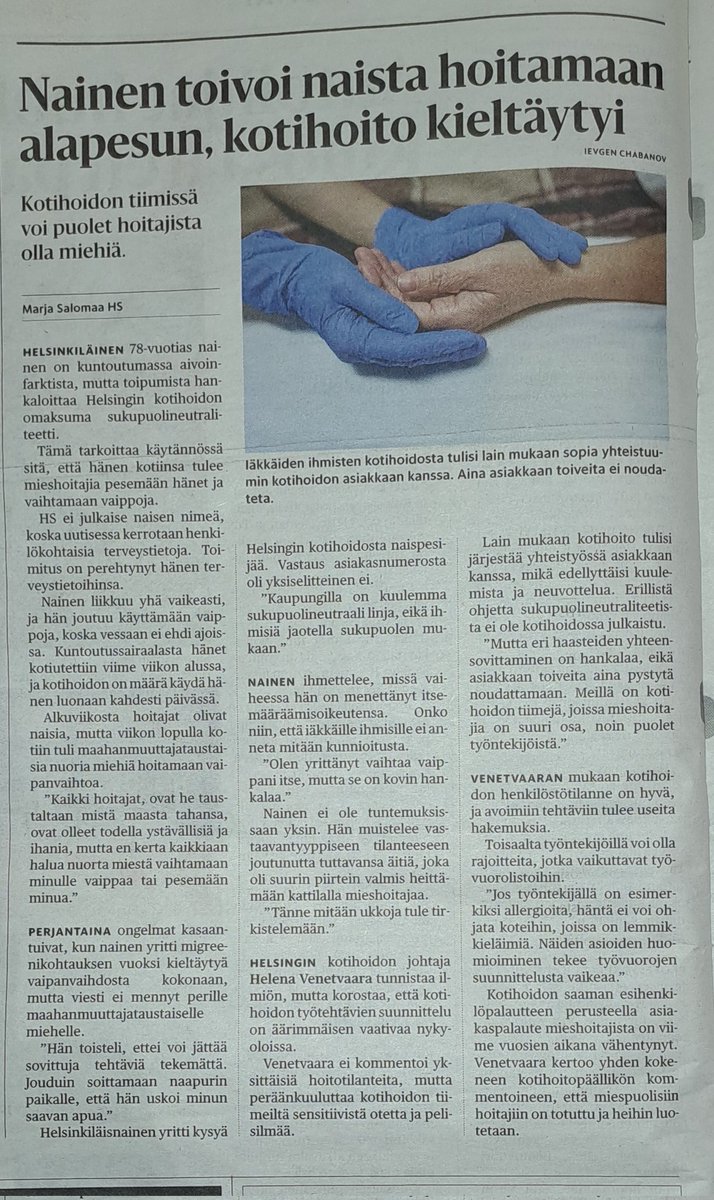 ALuukkainen's tweet image. Jään odottelemaan sitä, että 78-vuotiaan somalinaisen alapesua hoitamaan lähetetään kantasuomalainen nuori mieskotihoitaja.