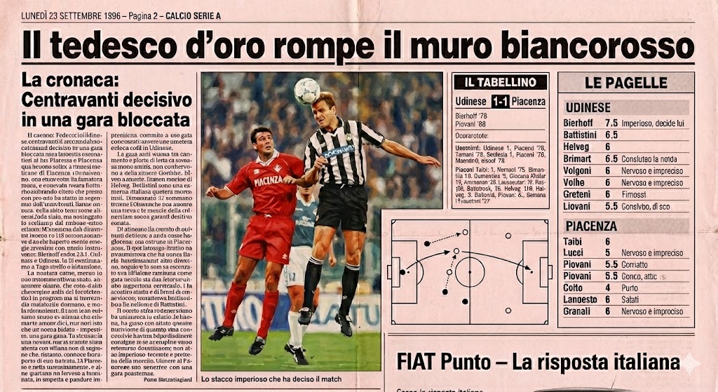 PESSimulation's tweet image. Across the Italian press this morning — Gazzetta, Corriere, Tuttosport — the verdict is unanimous:
Oliver Bierhoff was man of the match. His crucial equaliser and towering performance underline that the German striker could be Udinese’s key weapon this season. 📰⚽